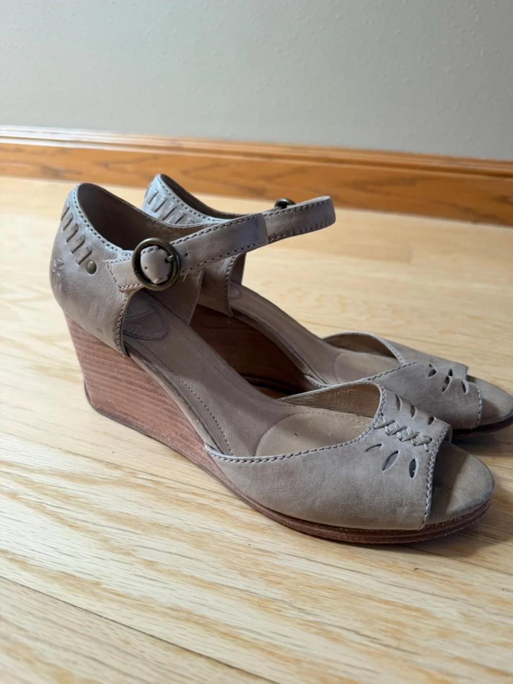 Frye Taupe Suede Wedge Sandals with Ankle Strap - Picture 1 of 7